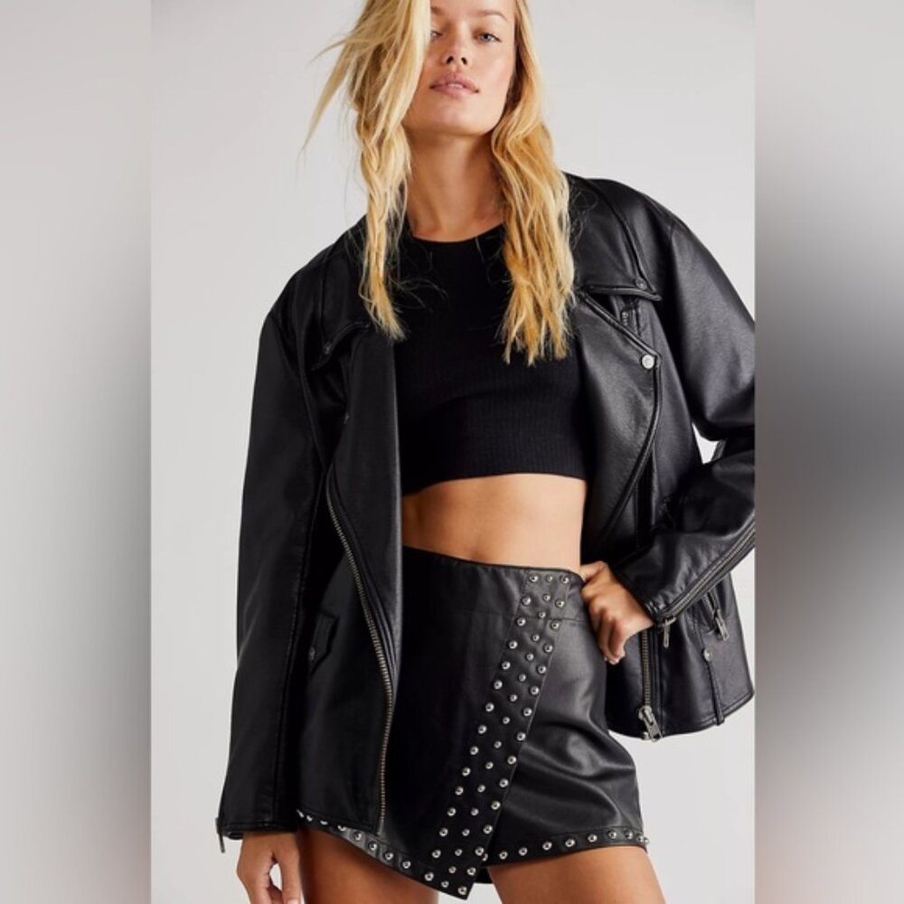 NWT $158 Free People Emmy Mini Studded Skort black leather metal skirt shorts